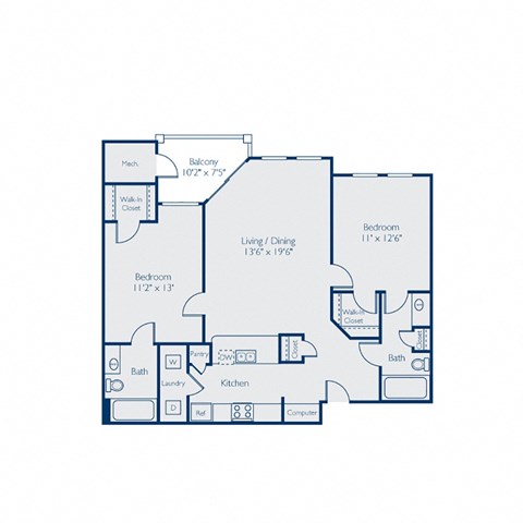 Floor plan for 2 beds, 2 baths, 975 sqft